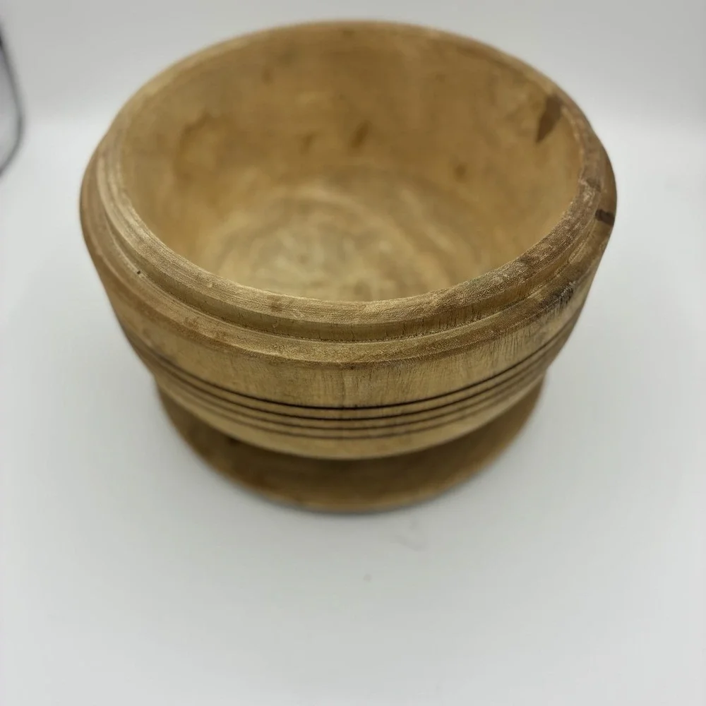 Vintage Hand Turned Wooden Mortar and Pestle Set Banded Rings 7in
